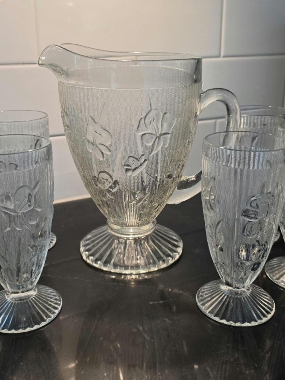 Jeannette Iris & Herringbone Depression Glass Set – Pitcher , 6 Tumblers –